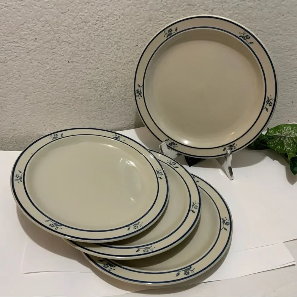 SCANDIA Blue DINNER PLATES Set Stoneware Floral Flowers Dishes  4 Brickoven G3